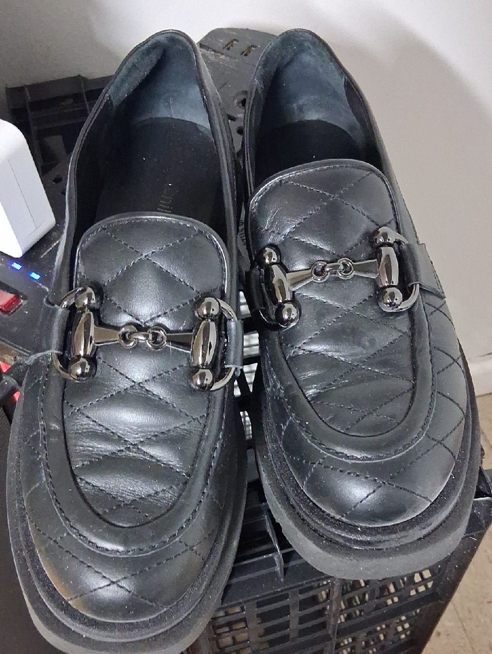 Men's Black Quilted Leather Slip-On Loafers with Metal Bit